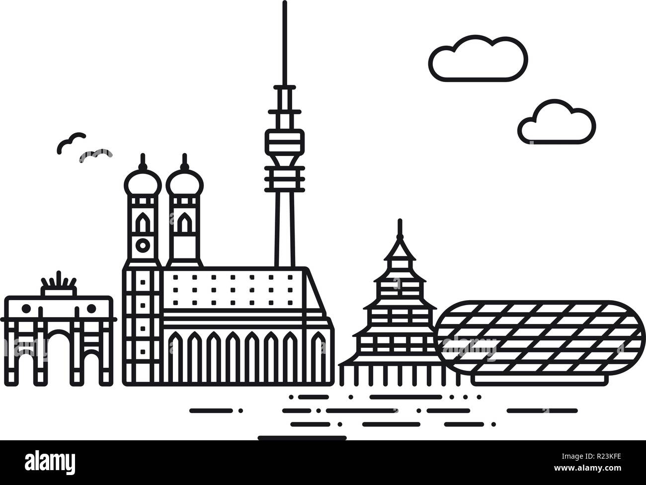 Icona linea stile cityscape di Monaco di Baviera e i punti di riferimento illustrazione vettoriale Illustrazione Vettoriale