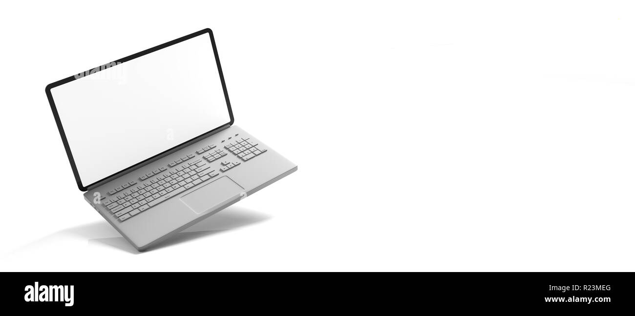 Computer portatile con schermo vuoto isolato su sfondo bianco, banner, copia dello spazio. 3d illustrazione Foto Stock