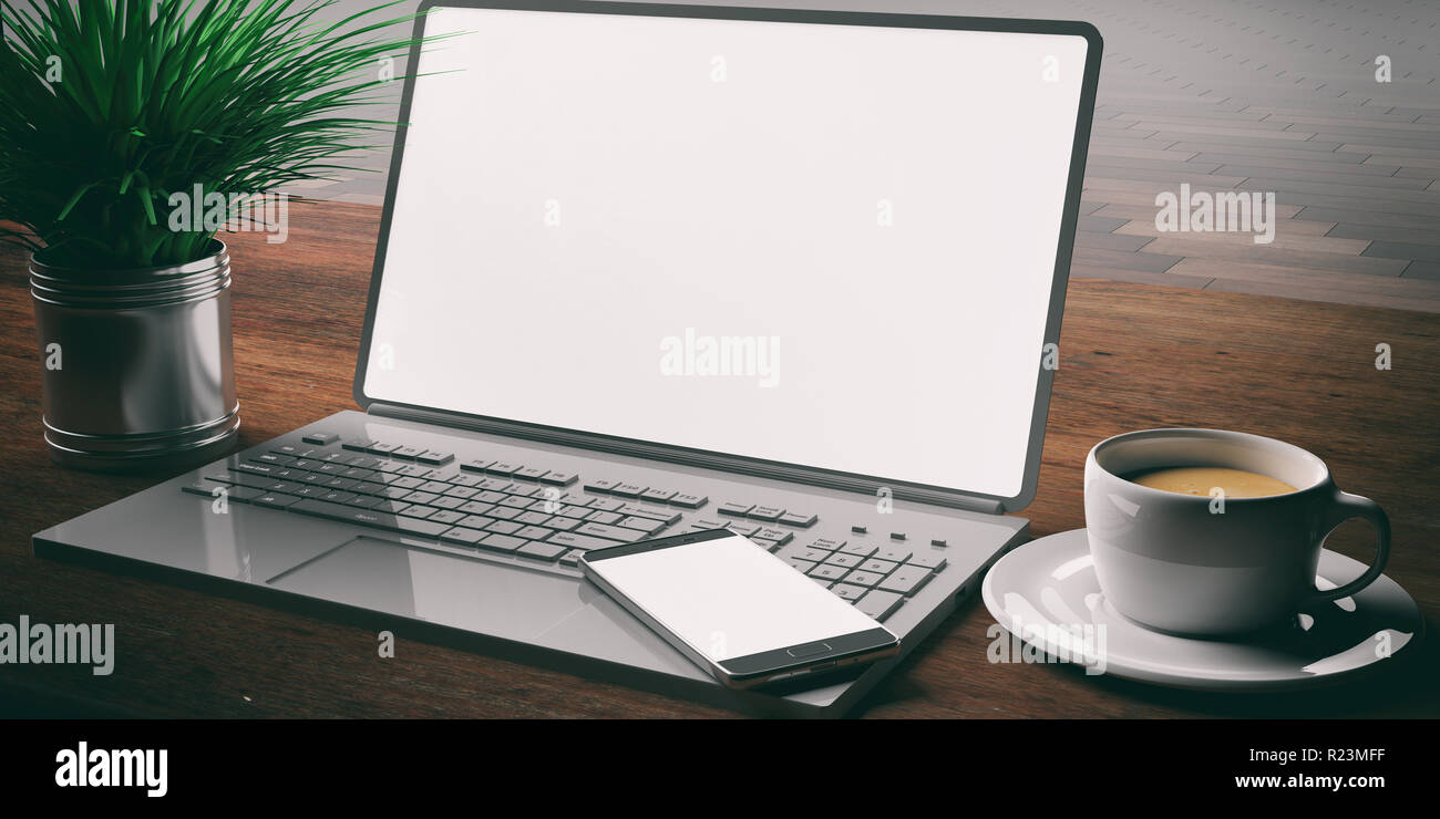 Computer portatile con schermo vuoto e lo smartphone su una scrivania in ufficio, con pavimento in legno e sfondo, 3d illustrazione Foto Stock