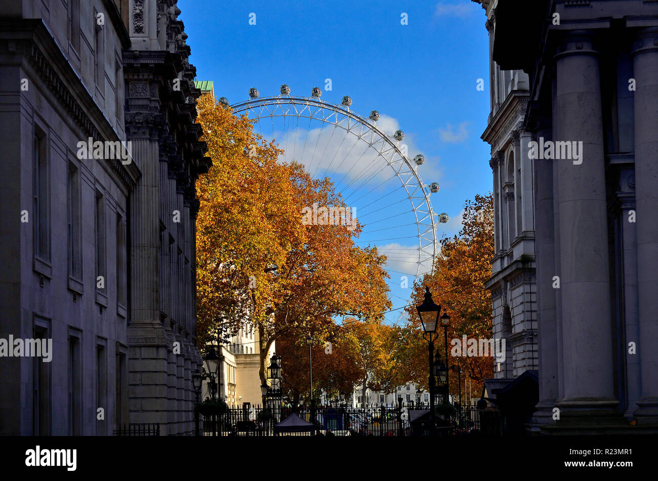 London Eye / Millennium Wheel visto da dentro Downing Street, Londra, Inghilterra, Regno Unito. Foto Stock
