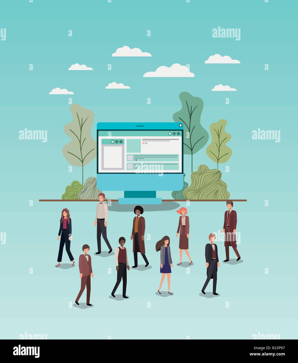 Mini persone che lavorano nel computer desktop Illustrazione Vettoriale