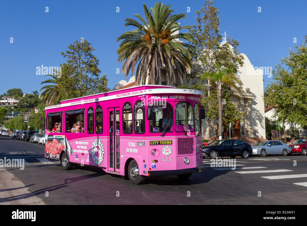 Old Town Trolley Tours filobus, Old Town San Diego State Historic Park, San Diego, California, Stati Uniti. Foto Stock