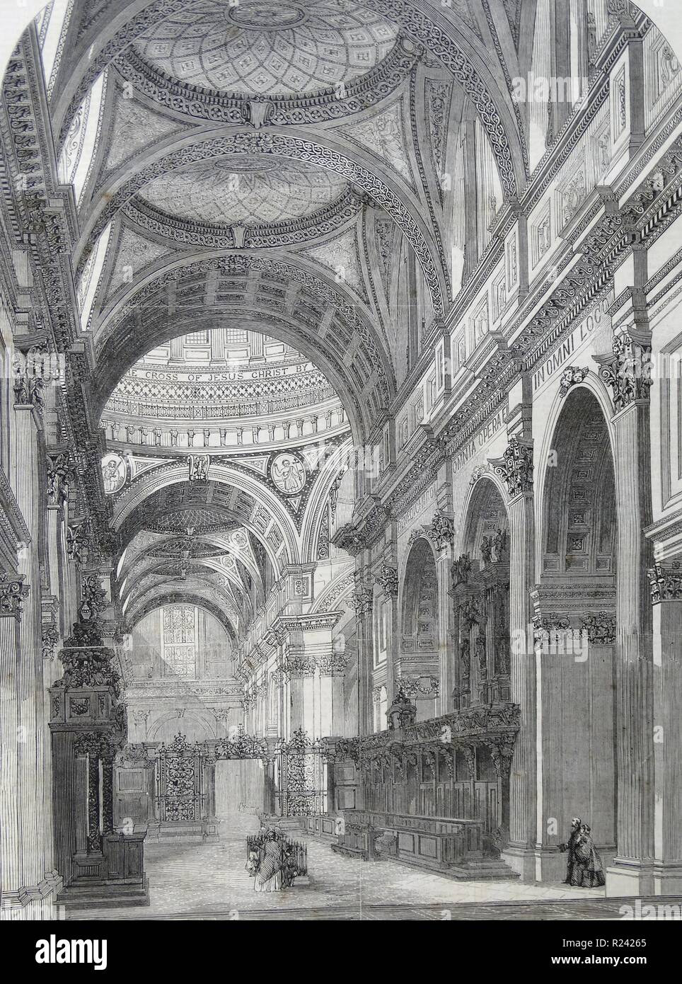 Incisione raffigurante l'interno della Cattedrale di San Paolo, mostrando il transetto orientale in primo piano. Datata 1860 Foto Stock