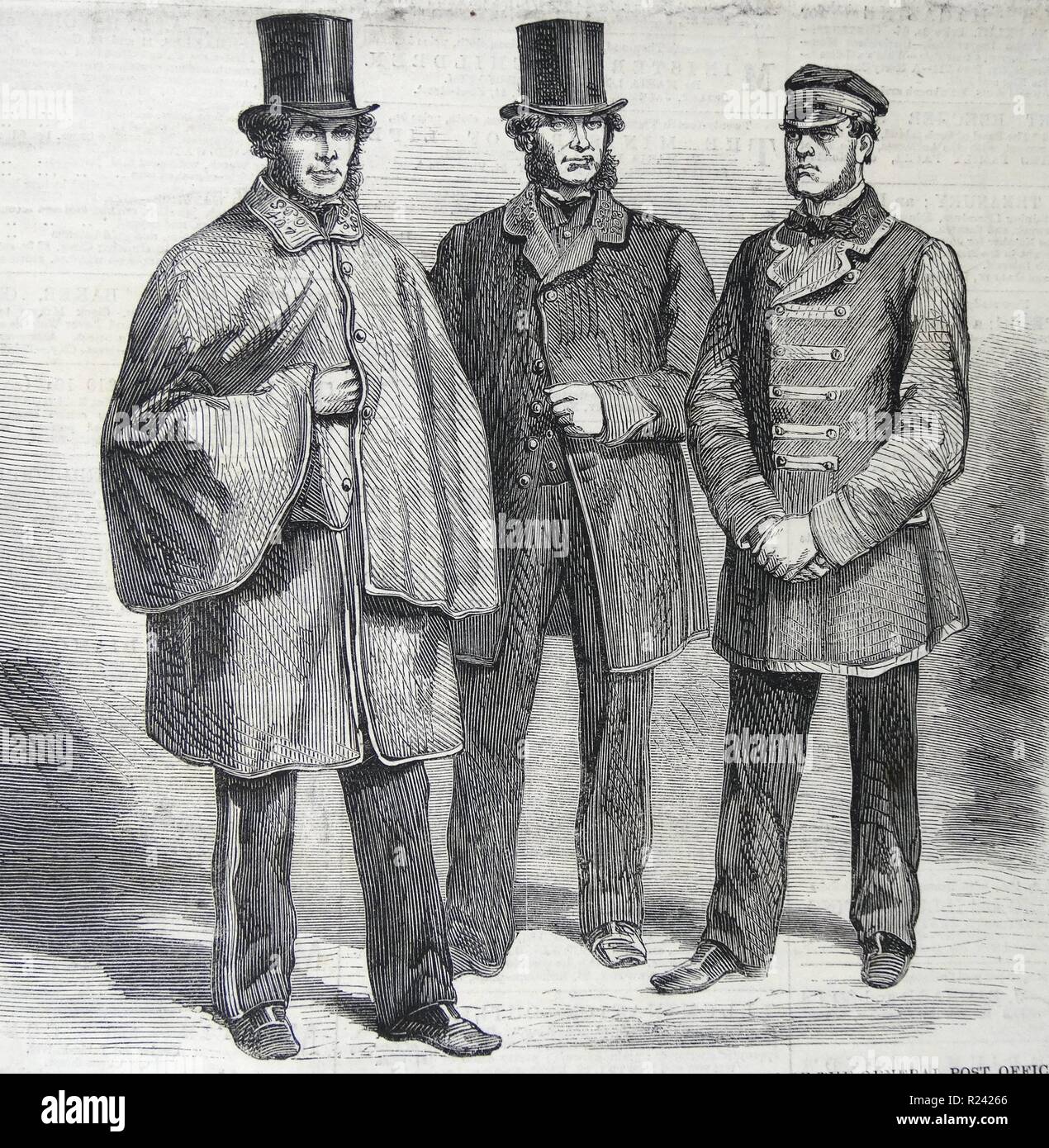 Incisione raffigurante il nuovo uniformi del personale postale e il generale Post Office. Da sinistra a destra: vettore lettera, Mail Guard e Driver. Datata 1860 Foto Stock