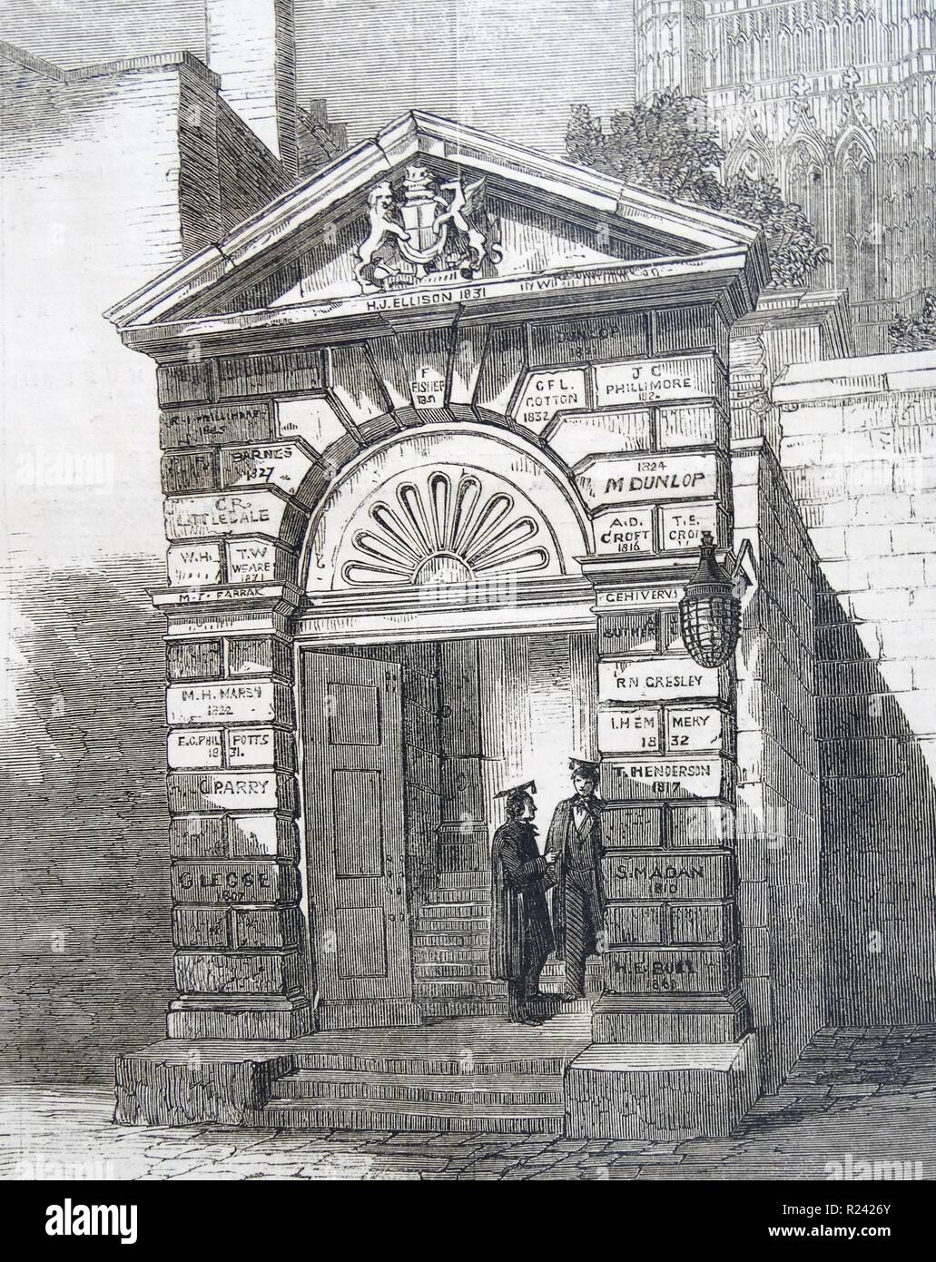 Incisione raffigurante il gateway della scuola di Westminster, noto anche come il Reale Collegio di San Pietro a Westminster. Datata 1860 Foto Stock