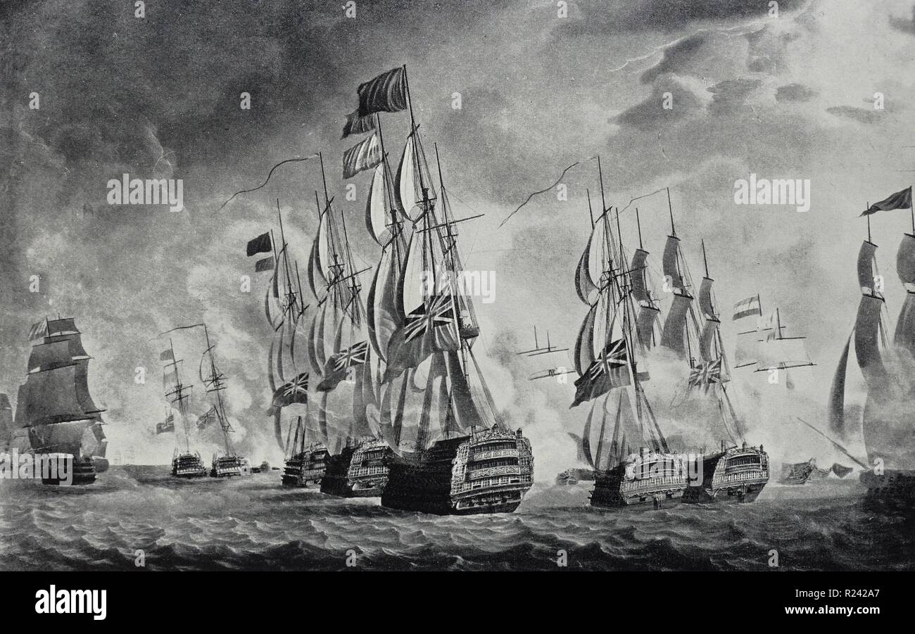 La puntasecca della battaglia di San Vincenzo. L'inizio dell'azione, che mostra la vittoria in primo piano. Stampato da R. Dodd. Datata 1797 Foto Stock