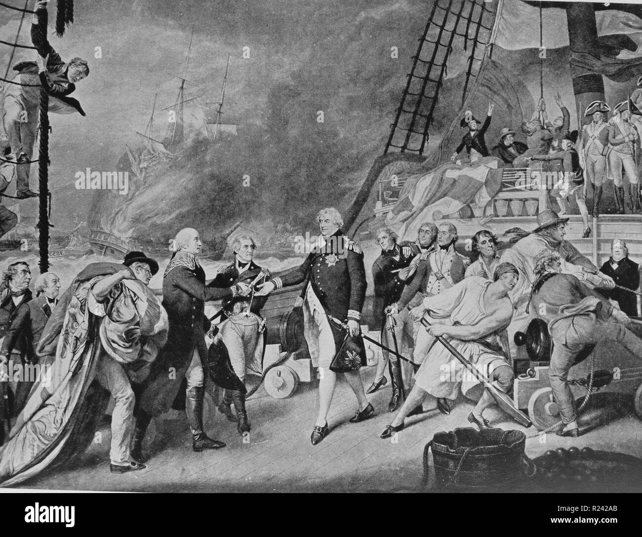 Mezzatinta della battaglia di Camperdown. Duncan ricevendo la rinuncia di De l'inverno. Stampare da James Ward. Datata 1797 Foto Stock