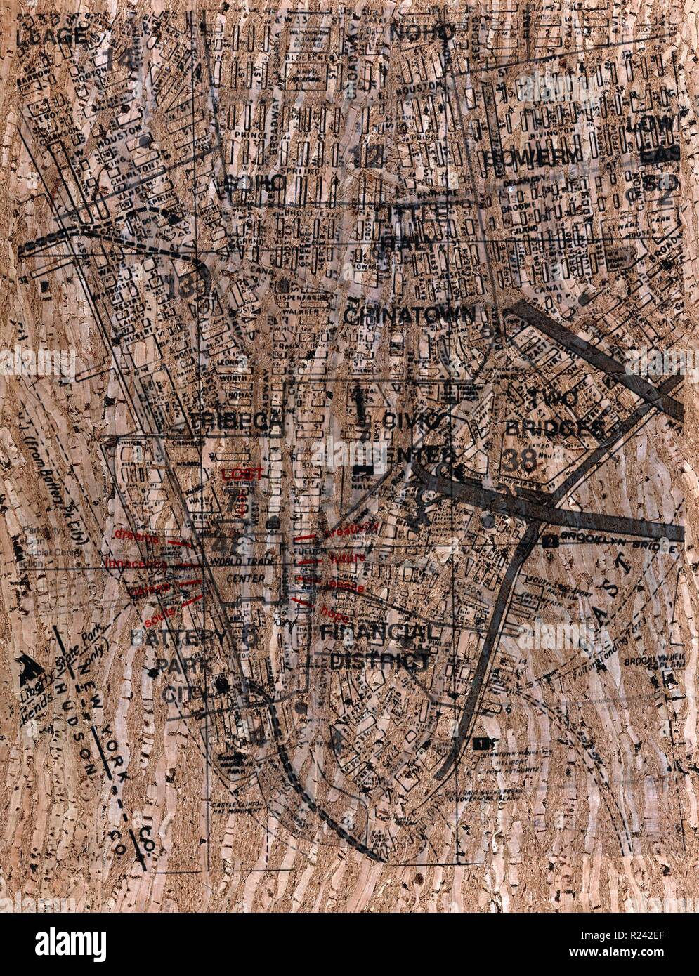 Mappa stradale che mostra il punto zero al suolo area di Lower Manhattan dopo gli attentati dell'11 settembre 2001. Creato da rene Levy (1940-). Datato 2001 Foto Stock