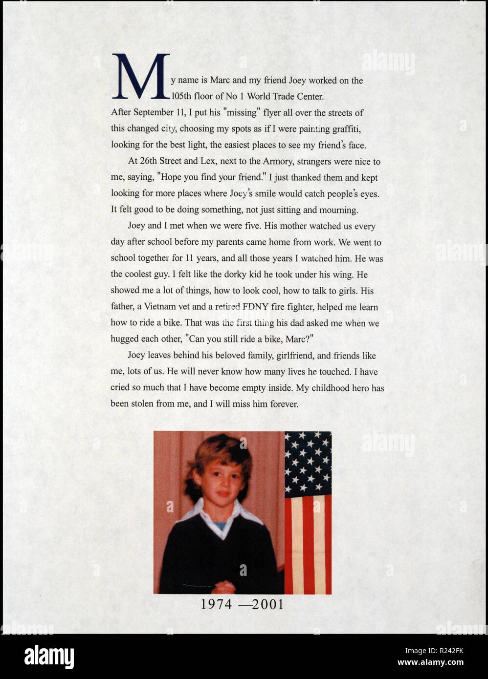 Stampare intitolato 'My nome è Marc e il mio amico Joey ha lavorato sul 105° piano di No.1 World Trade Center". La stampa descrive la sua reazione alla perdita del suo amico dopo gli attentati dell'11 settembre 2001. Creato da Marc Whalen Foto Stock