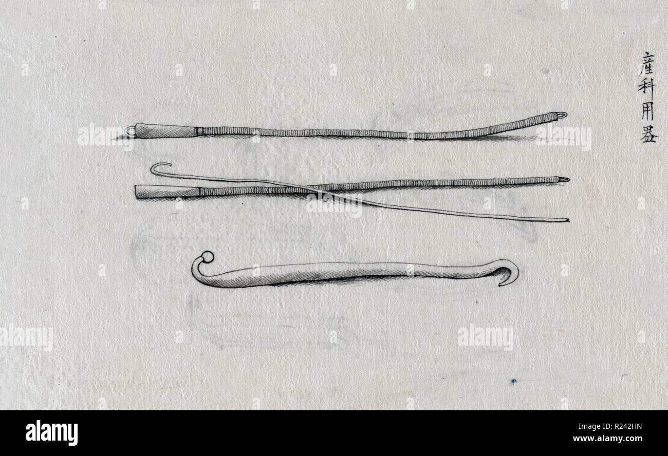 Strumenti chirurgici. due strumenti di ostetricia, uno mostrato all'interno e al di fuori del suo caso ha un gancio ad una estremità e un punto all'altro. 1878. Giapponese disegno a inchiostro Foto Stock
