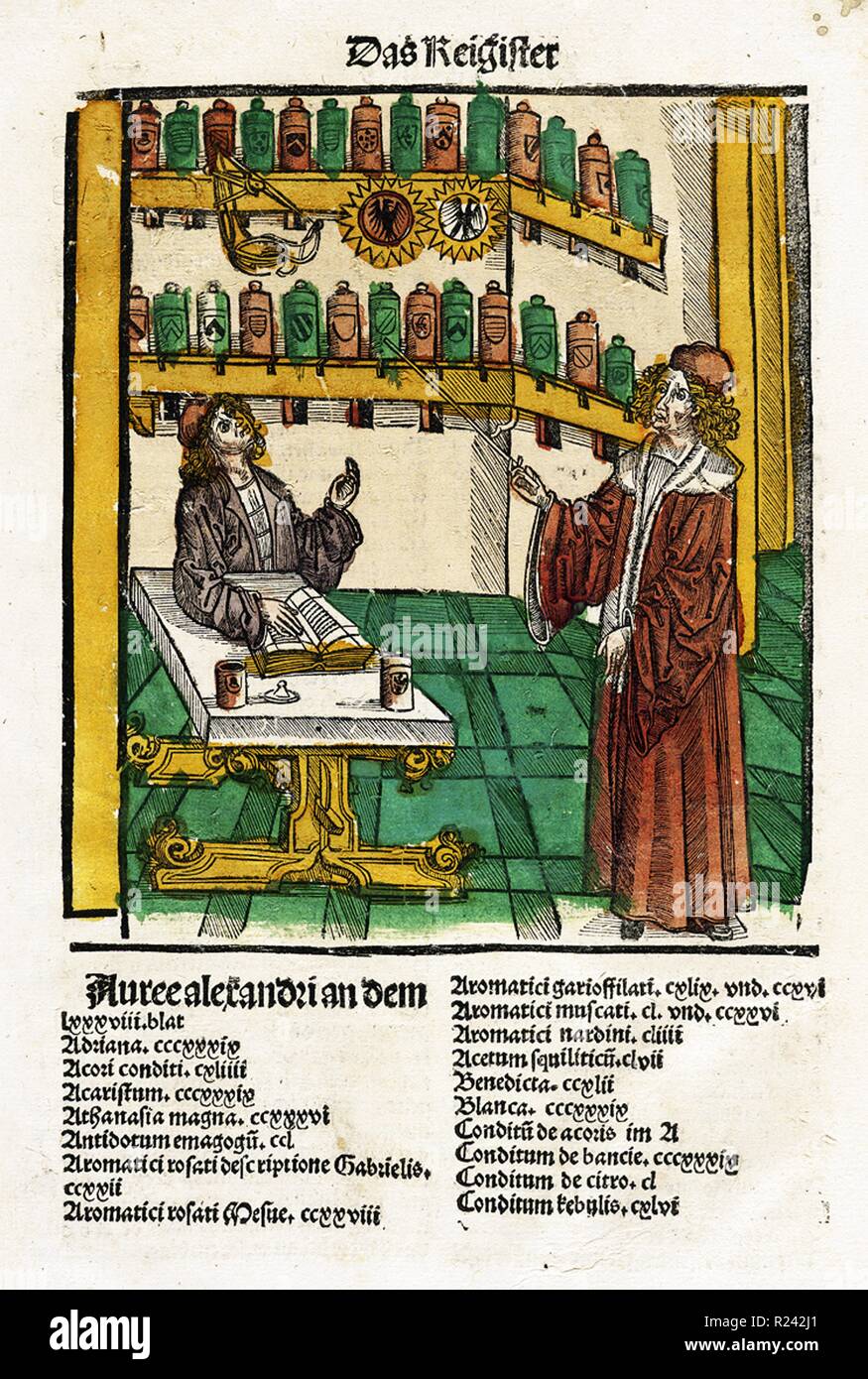 Illustrazione di un farmacista lessonHieronymus Brunschwig, il Liber de Arte Distillandi de Compositis, 1512 Foto Stock