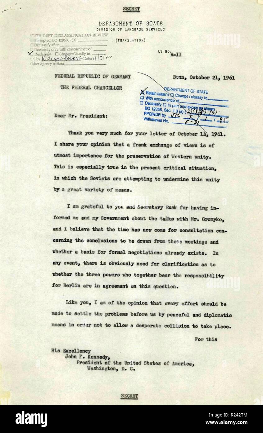 Lettera dal Cancelliere Konrad Adenauer a Presidente John F. Kennedy, 1961 Foto Stock