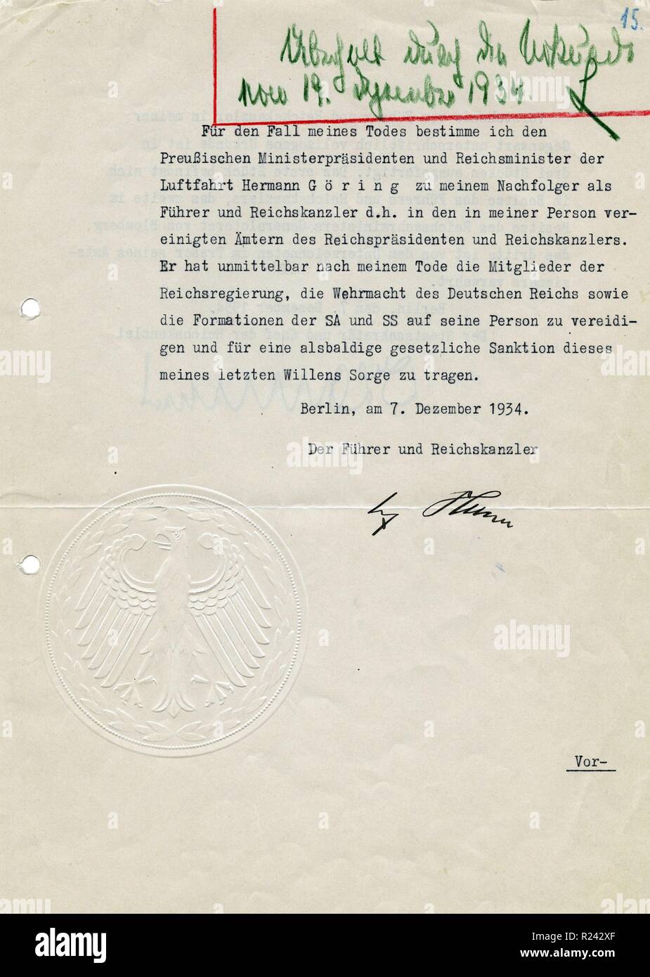 Il testamento di Adolf Hitler, 12-07-1934 Foto Stock