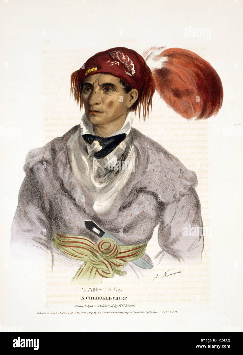 Tah-Chee, un Cherokee chief indossando un cappello piumati. Il Cherokees sono un nativo americano tribù indigene del sud-est di stati d'America. c.1838 Foto Stock