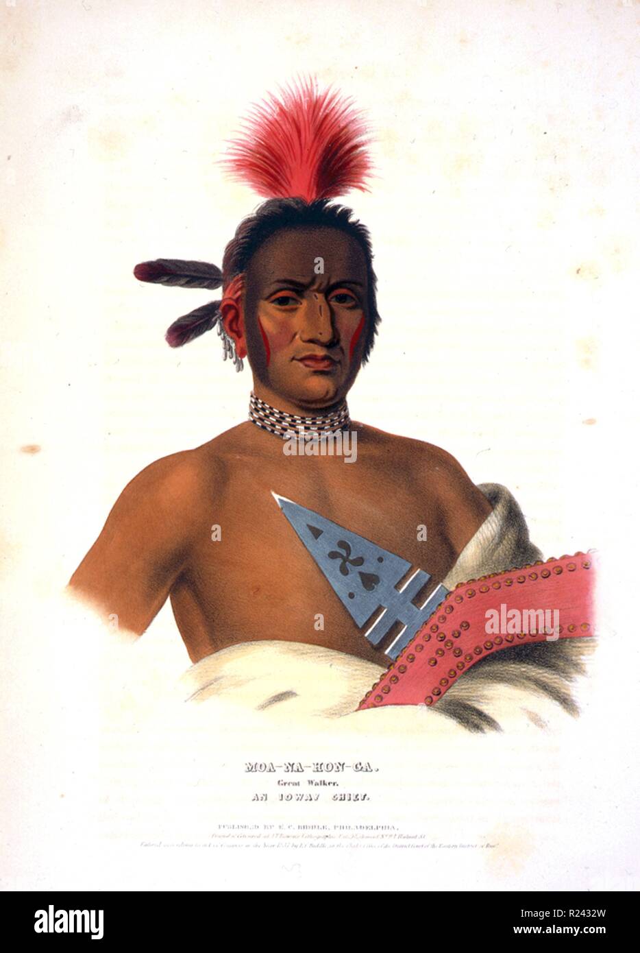 Moa-Na-Hon-Ga, Grande Walker. Un capo Ioway indossando molti orecchini bracciali e collane di perle. Il Ioway (Iowa) sono un nativo americano Siouan persone che vivono sia in Kansas e Nebraska o Oklahoma. c.1838 Foto Stock