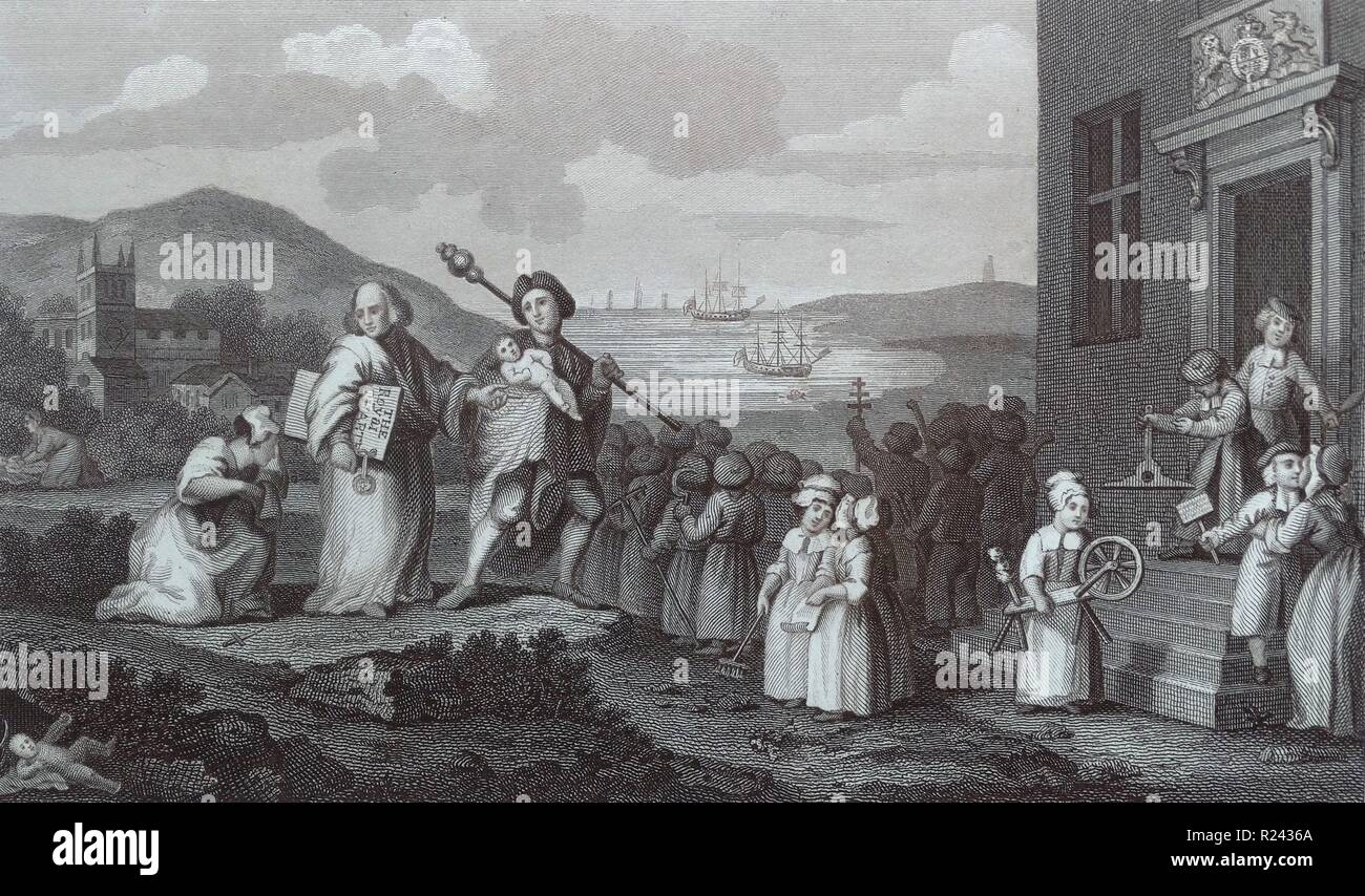 Incisione di artista britannico & incisore, William Hogarth 1697-1764: la Foundlings (orfani) 1761 XVIII secolo Foto Stock