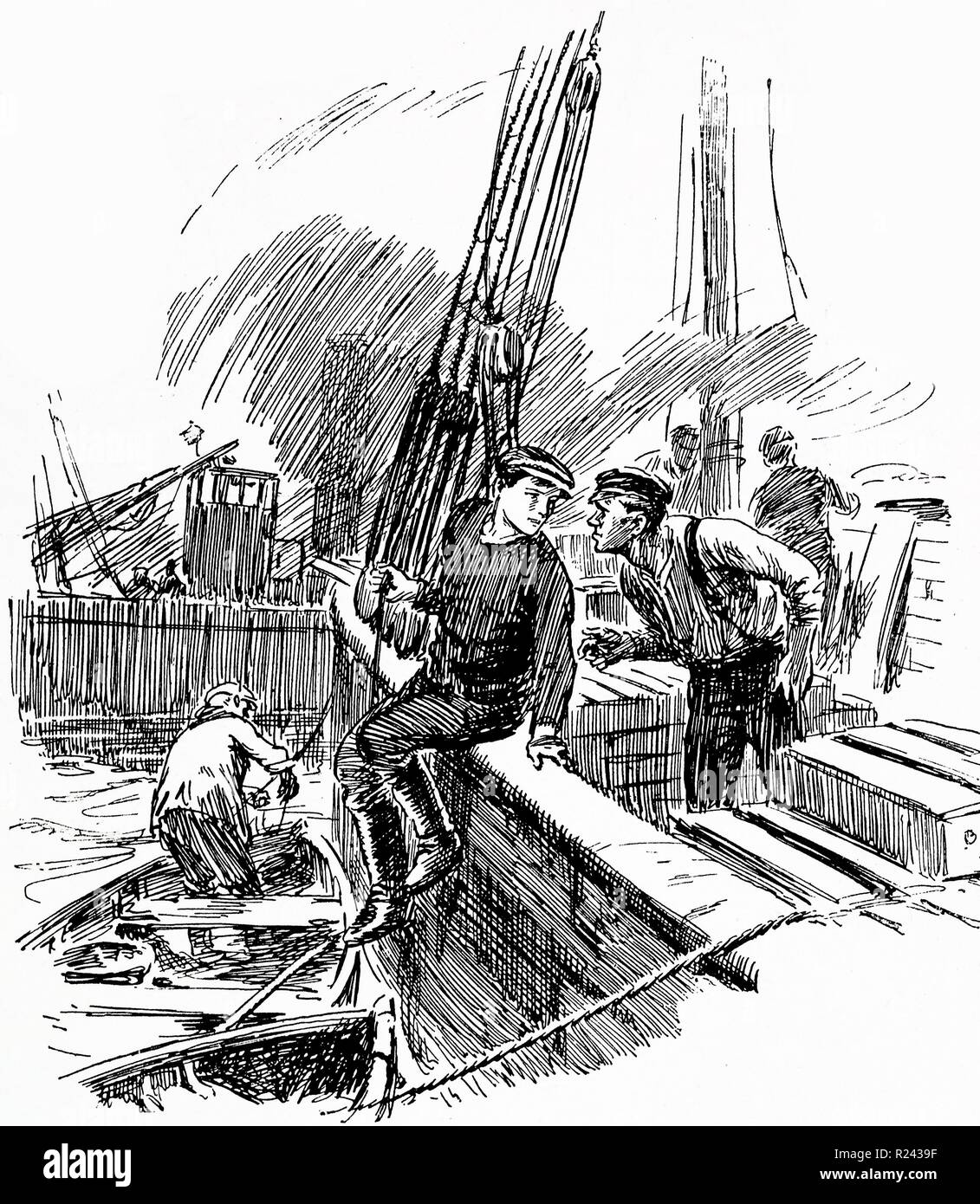 Due primi anni del ventesimo secolo i marinai su un mercante mare nave nel dock Foto Stock