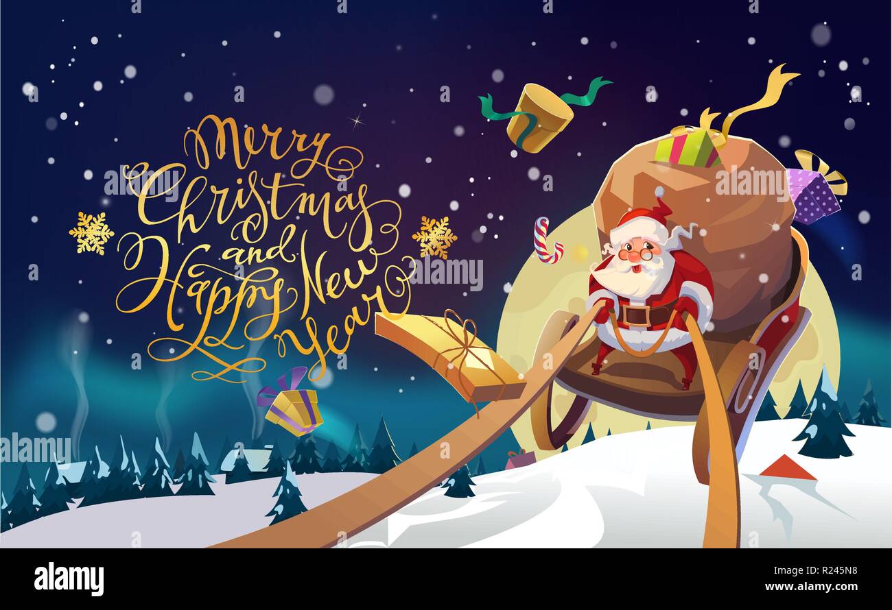 Santa in un villaggio invernale a cavallo di una slitta in inverno foresta. Luci polare dello sfondo. Buon Natale e felice anno nuovo lettering. Illustrazione Vettoriale. Illustrazione Vettoriale
