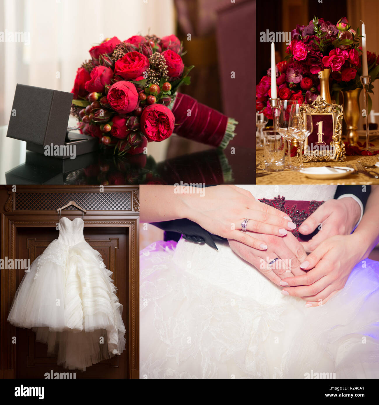 Collage di foto di matrimonio. Anello in una scatola di marca, bouquet nuziale, abito, bella decorazione, fiori e floreali, cerimonia. Foto Stock