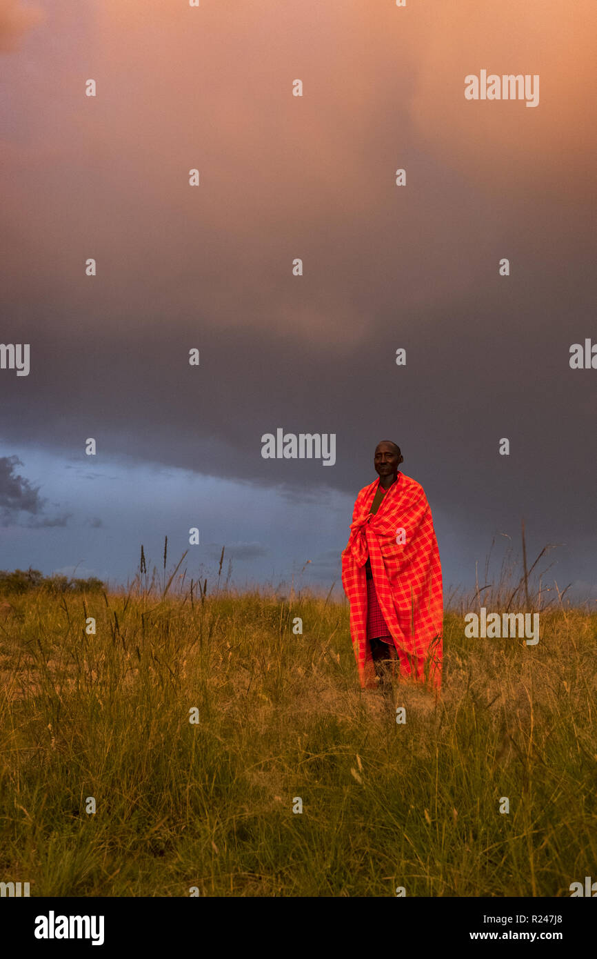 Un Masai Mara uomo indossando il tradizionale rosso tribale coperta, il Masai Mara National Park, Kenya, Africa orientale, Africa Foto Stock