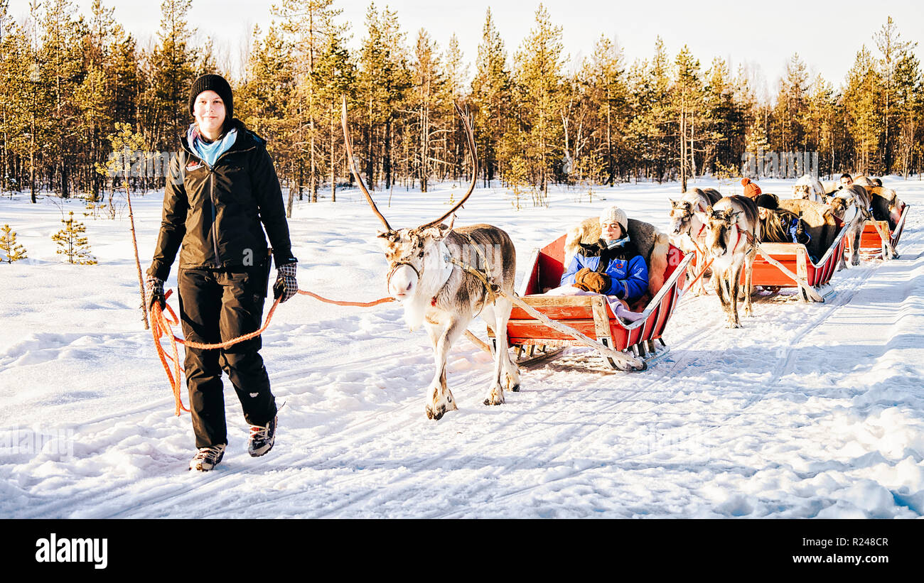 Rovaniemi, Finlandia - 5 Marzo 2017: Persone a renne sleigh caravan in Finlandia in Lapponia in inverno. Foto Stock