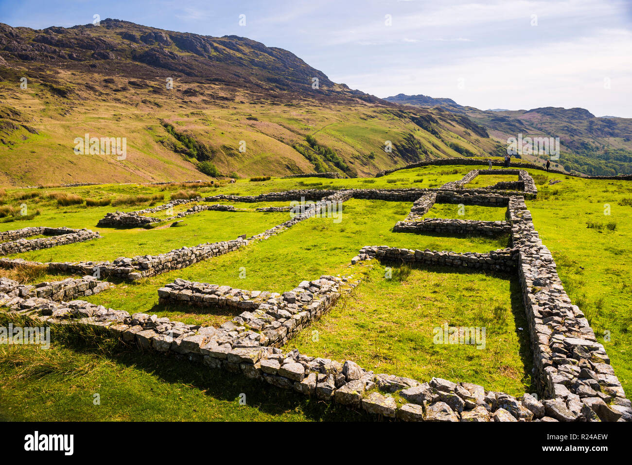 Hardknott Roman Fort, Hardknott Pass, Parco Nazionale del Distretto dei Laghi, Sito Patrimonio Mondiale dell'UNESCO, Cumbria, England, Regno Unito, Europa Foto Stock