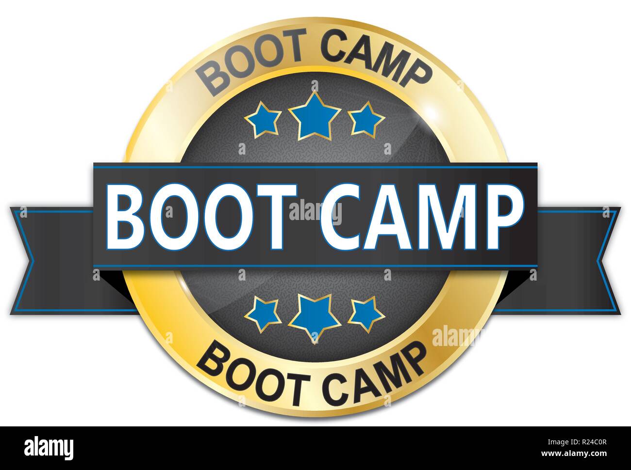 Nero dorato e blue badge metallico su bianco Illustrazione Vettoriale