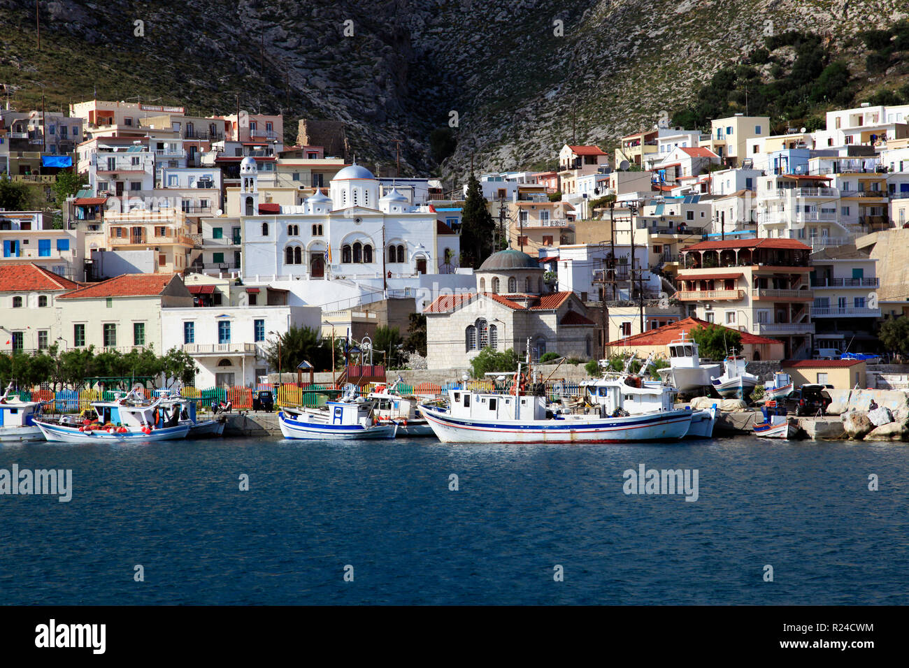 Il porto di Pothia, Kalymnos, Dodecaneso, isole greche, Grecia, Europa Foto Stock