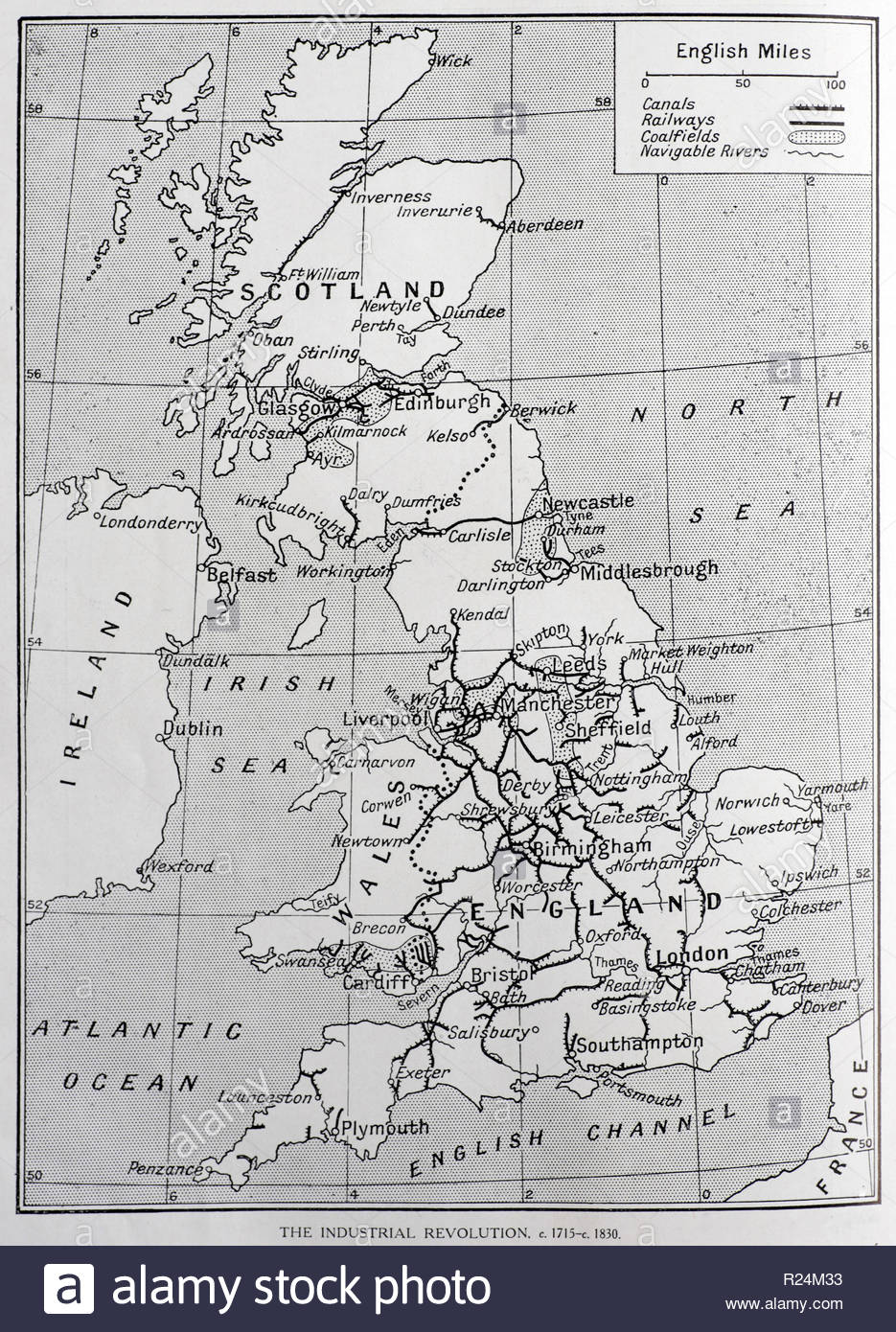 Regno Unito Rivoluzione Industriale mappa c1715 - C1830, delle ferrovie, bacini, canali e fiumi, illustrazione dal 1922 Foto Stock