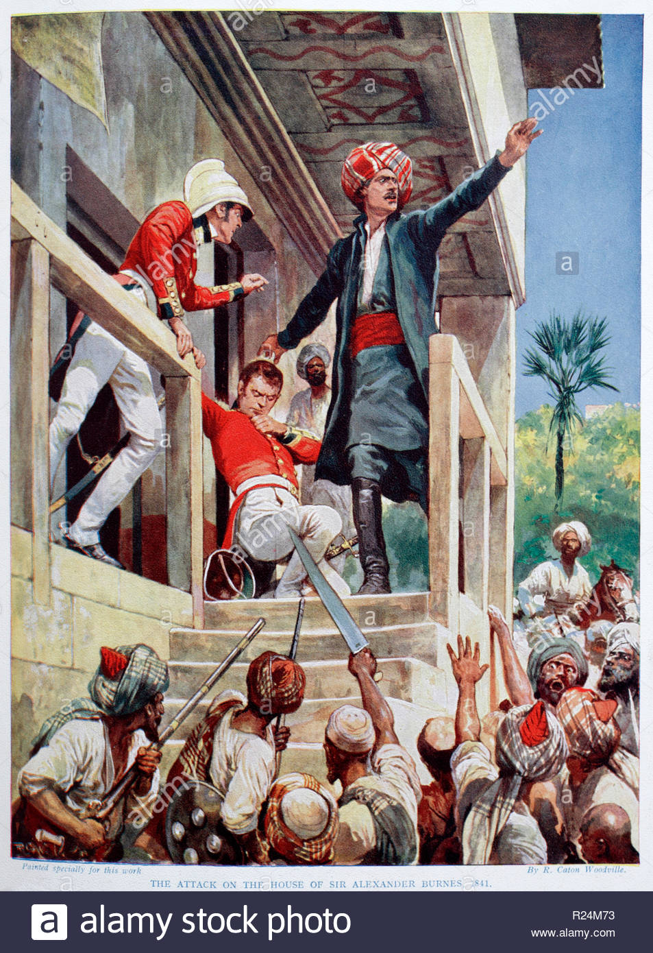 L'attacco sulla sua casa a Kabul nel 1841 di esploratore britannico e diplomatico Sir Alexander Burnes, 1805 - 1841, illustrazione dal 1922 Foto Stock