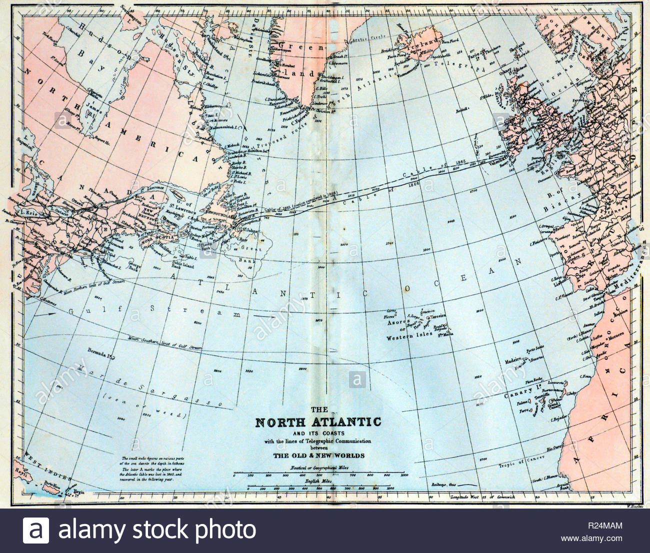 Atlantico del nord mappa e le sue coste che mostra il cavo sottomarino di linee di comunicazione telegrafica, mappa dal 1860 Foto Stock