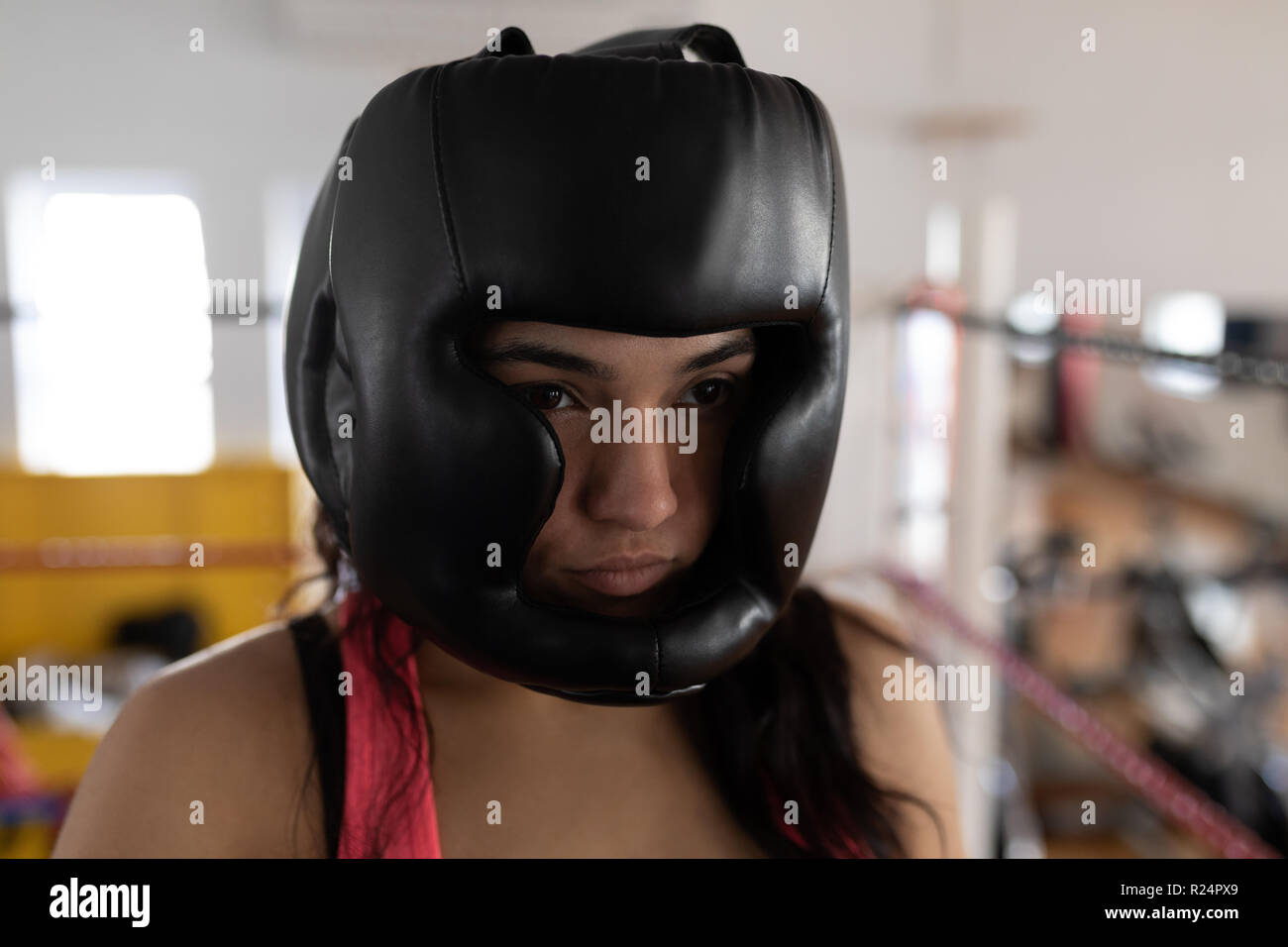 Boxer femmina con casco boxe Foto stock - Alamy