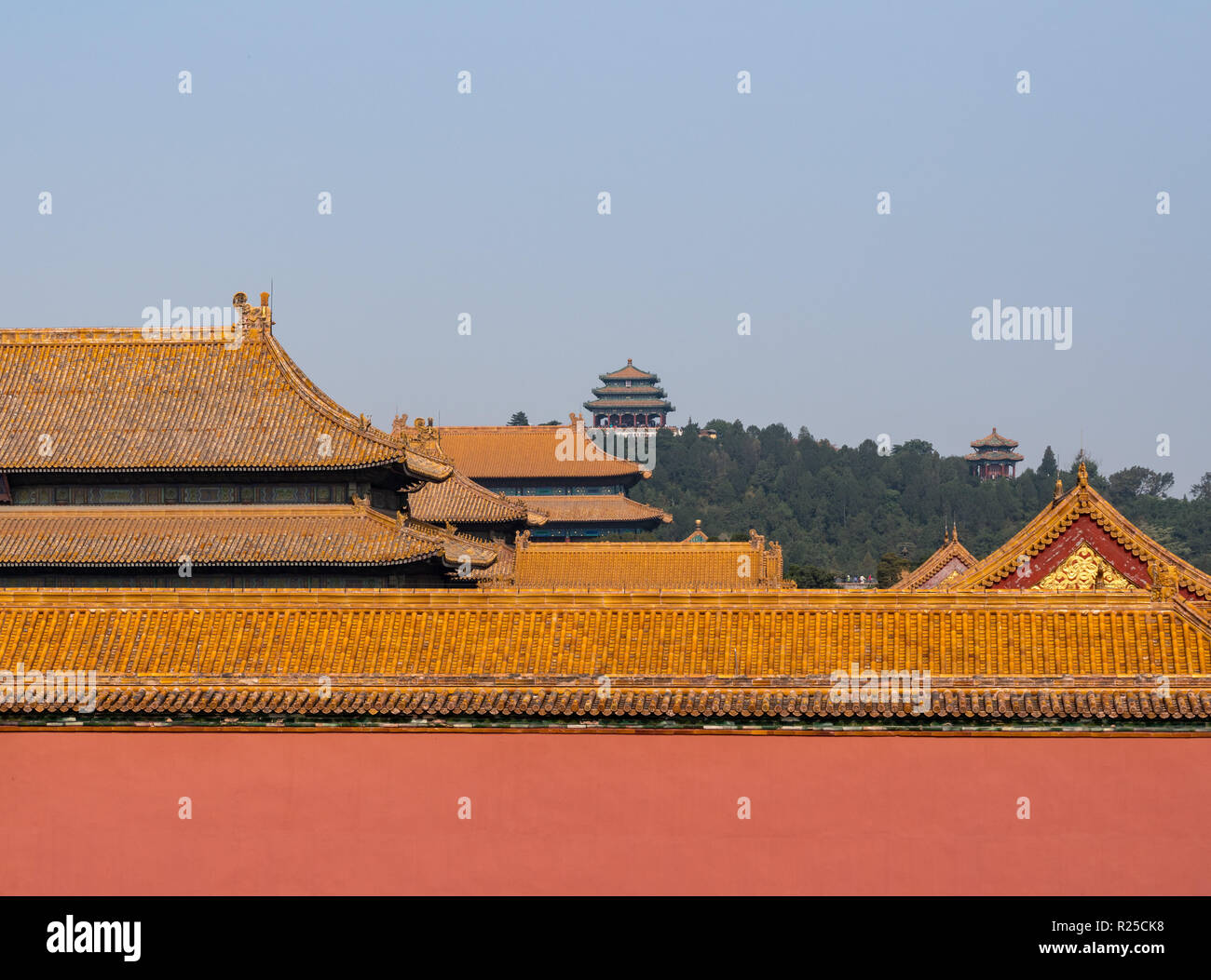 Vista dei tetti e intagli nella Città Proibita di Pechino Foto Stock