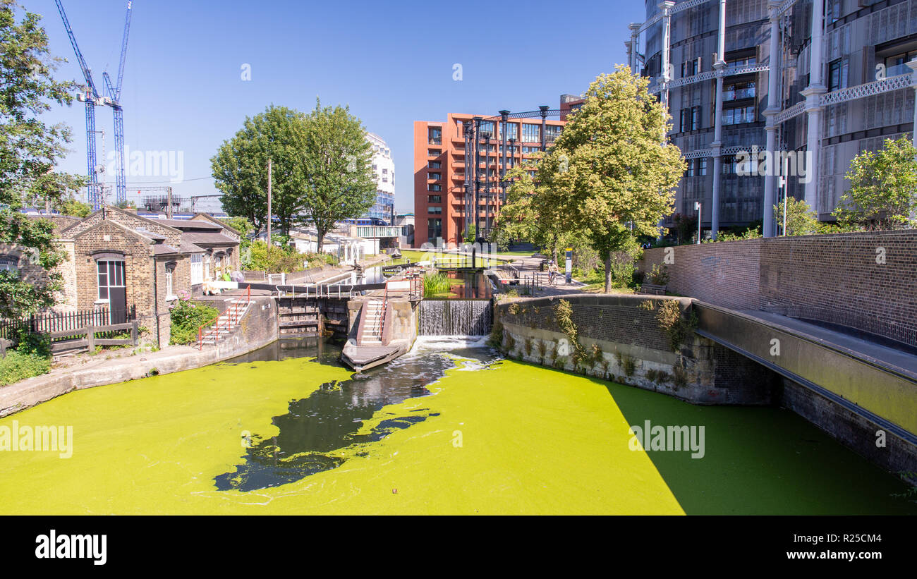 London, England, Regno Unito - 26 Giugno 2018: i ciclisti e i pedoni passano St Pancras Lock sul Regent's Canal alzaia a Gasholders nel Parco del Re Cros Foto Stock