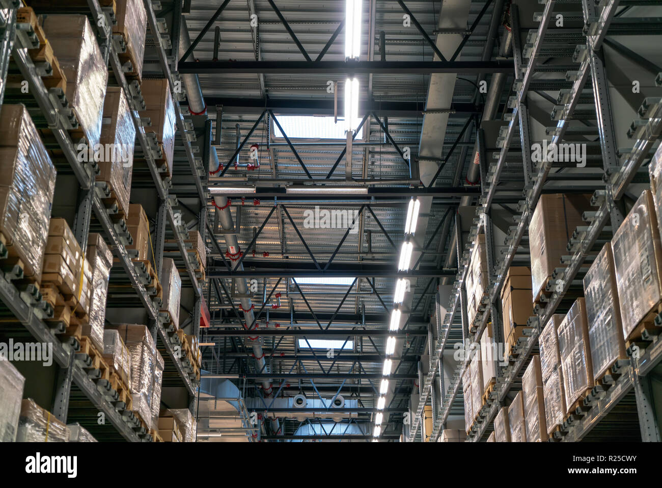 Capannoni industriali, scatole di confezionamento e scaffali Foto Stock
