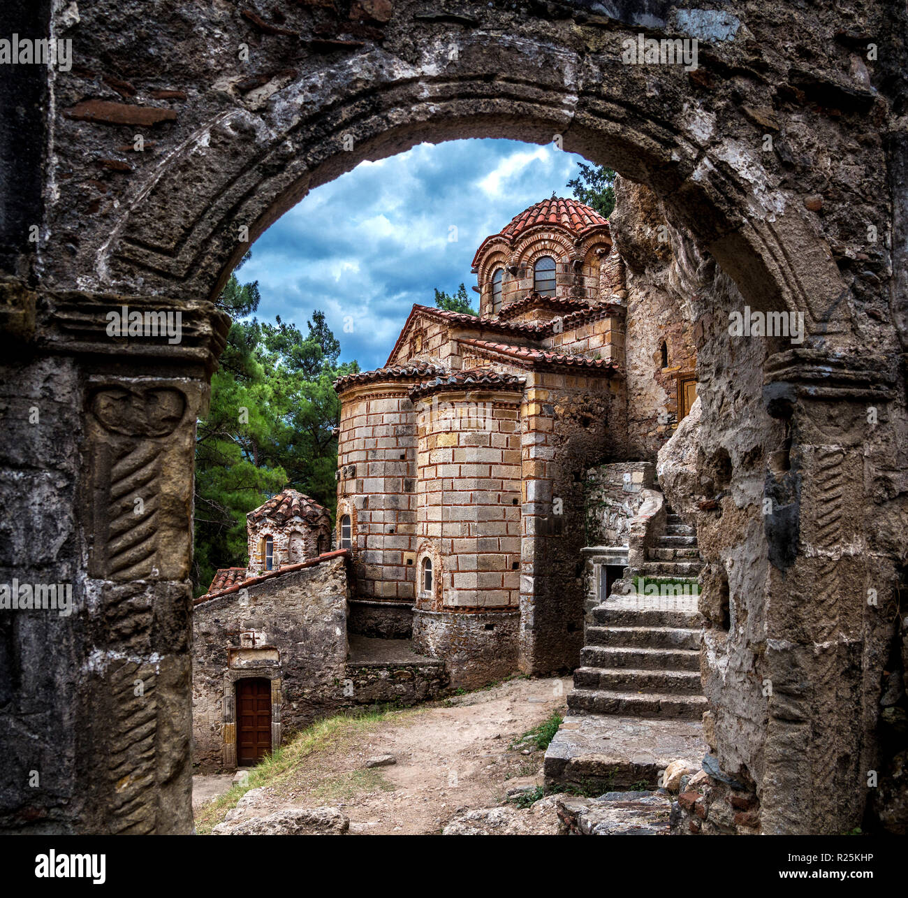 Medieval Chiesa greco-ortodossa di Evengelistria, in epoca bizantina Mistra castello, Grecia Foto Stock