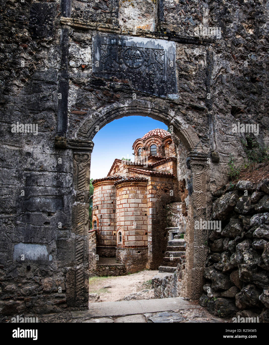 Medieval Chiesa greco-ortodossa di Evengelistria, in epoca bizantina Mistra castello, Grecia Foto Stock