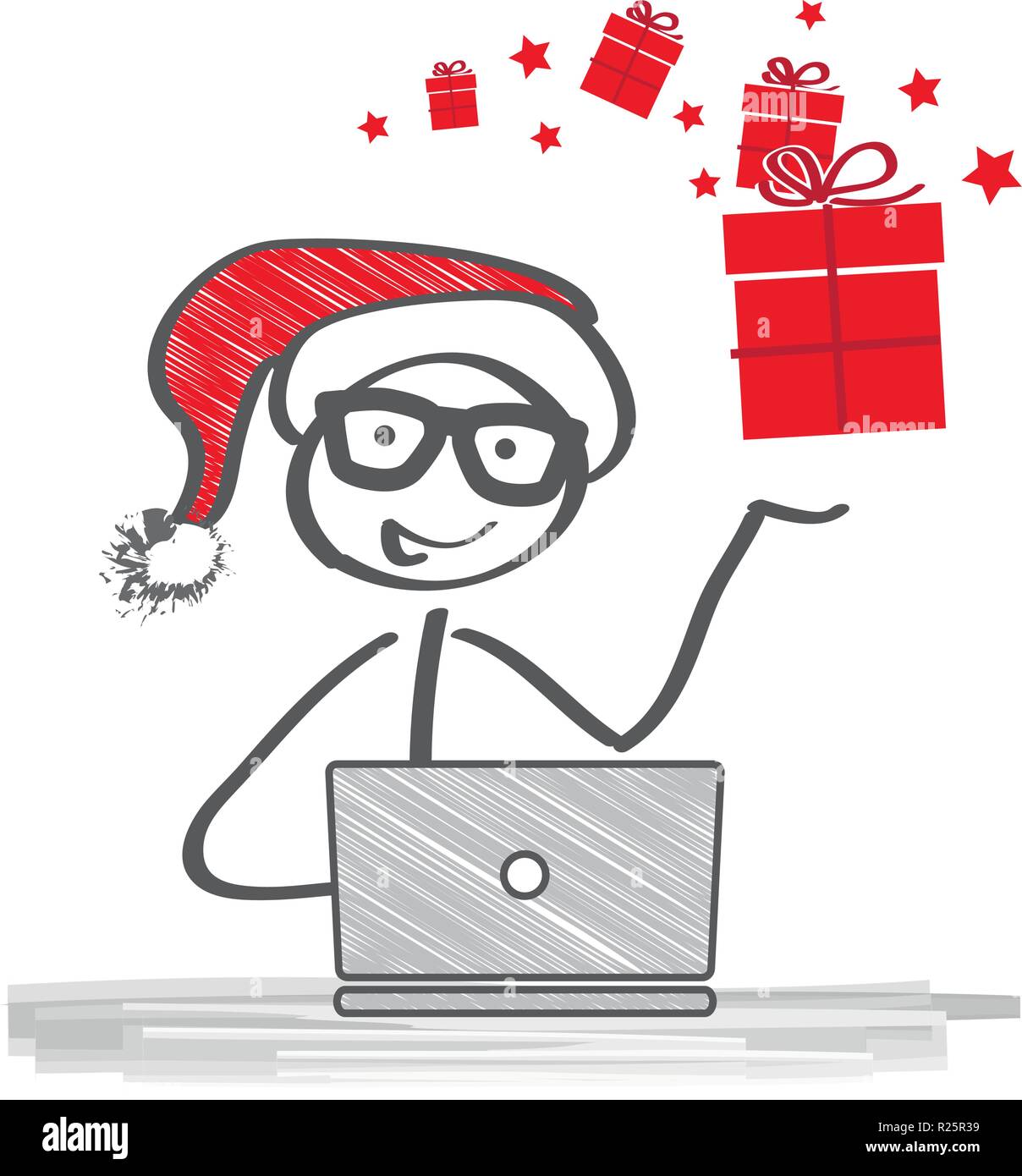 Babbo Natale lo shopping online sul computer. Babbo Natale utilizzando un computer portatile e di ordinare dei regali Illustrazione Vettoriale