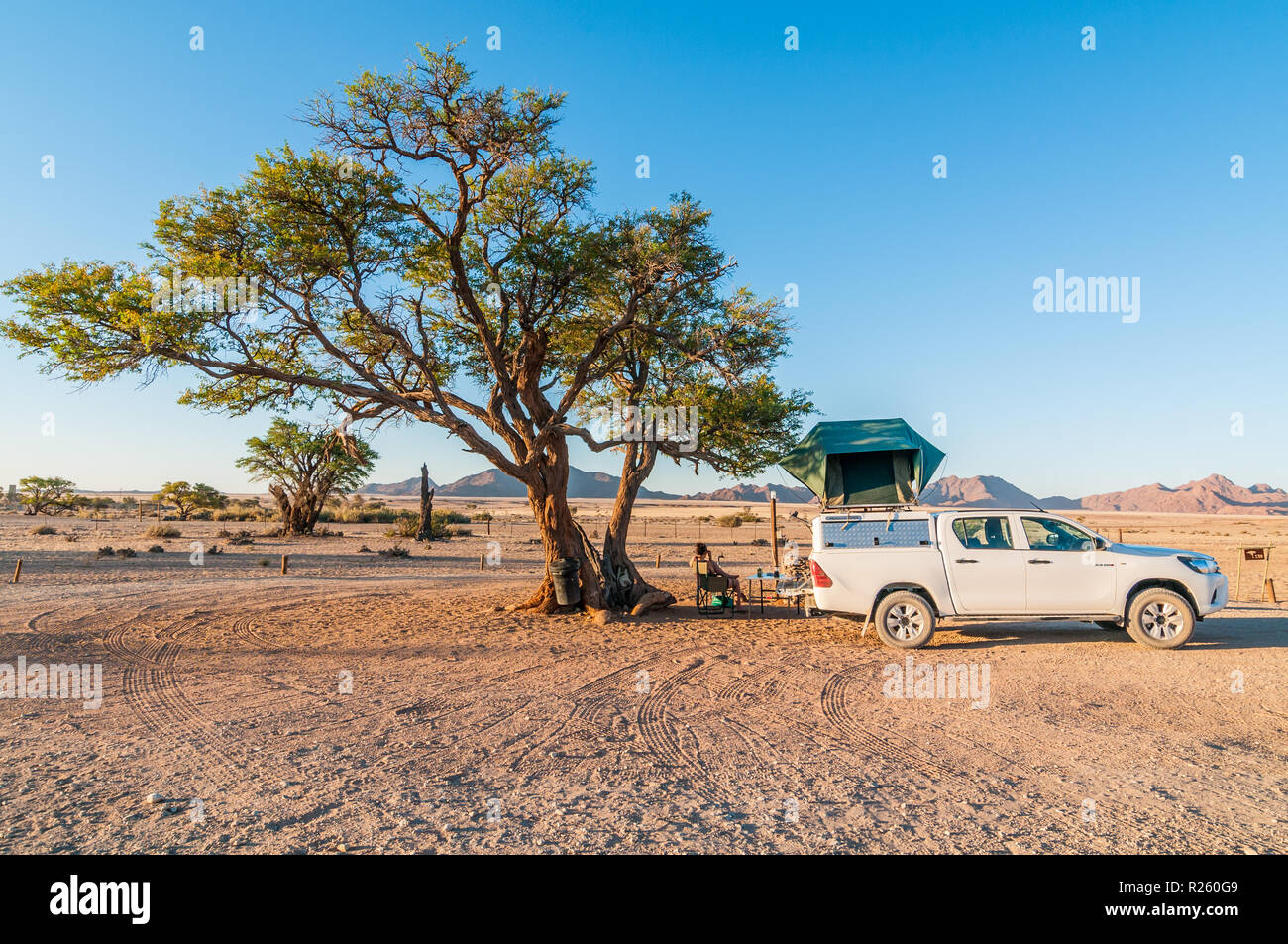 Camping sotto un'acacia, tetto tenda 4x4 car, Sossus oasi campeggio, Namibia Foto Stock