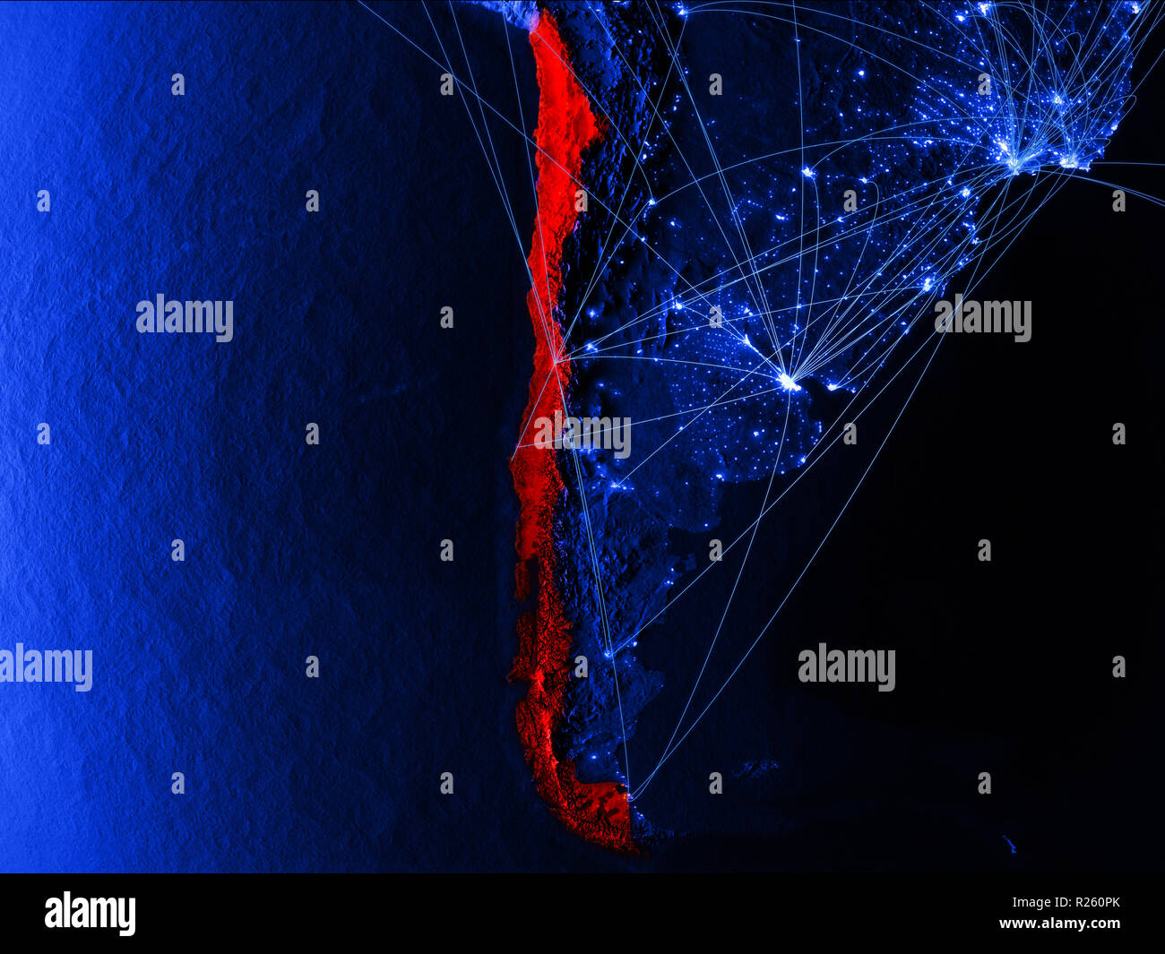 Il Cile su blu mappa digitale con le reti. Concetto di viaggi internazionali, la comunicazione e la tecnologia. 3D'illustrazione. Gli elementi di questa immagine furnis Foto Stock