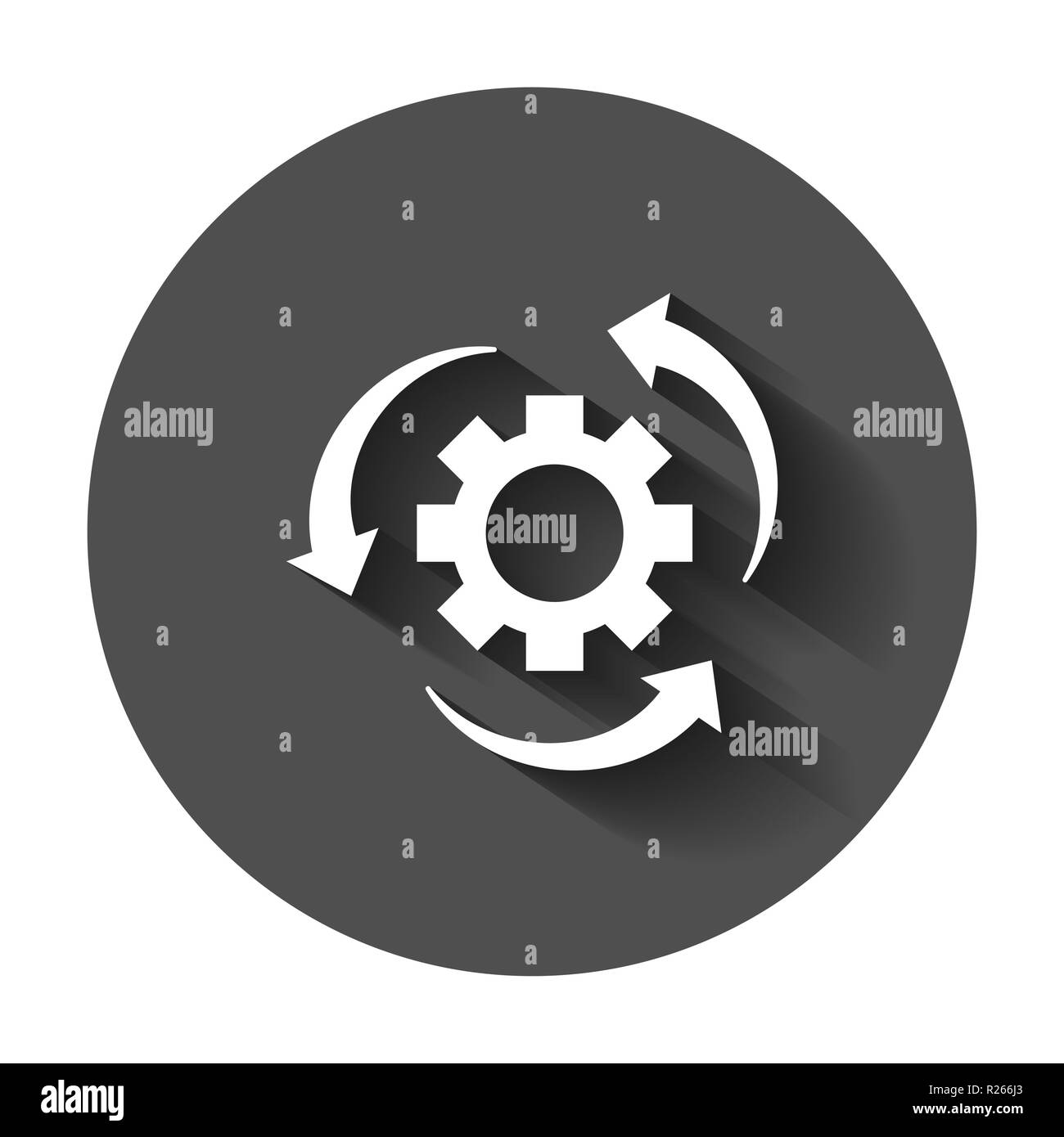 Processo del flusso di lavoro icona in stile appartamento. Ingranaggio ruota dentata con le frecce illustrazione vettoriale con lunga ombra. Flusso di lavoro il concetto di business. Illustrazione Vettoriale