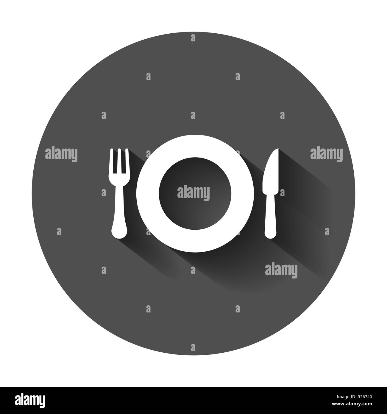 Coltello e forchetta icona ristorante in stile appartamento. La cena attrezzature illustrazione vettoriale con lunga ombra. Ristorante La concezione di business. Illustrazione Vettoriale