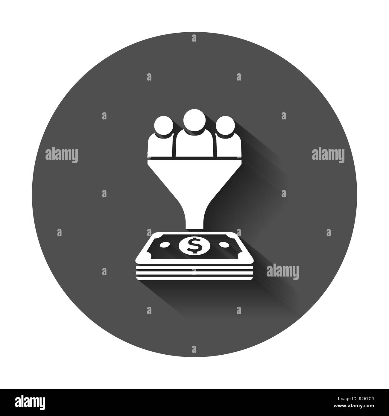 Gestione dei Lead icona in stile appartamento. Imbuto con persone, soldi illustrazione vettoriale con lunga ombra. Client di destinazione il concetto di business. Illustrazione Vettoriale