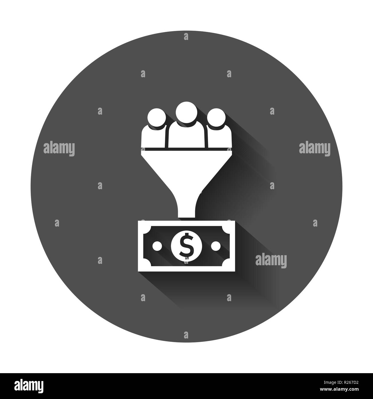 Gestione dei Lead icona in stile appartamento. Imbuto con persone, soldi illustrazione vettoriale con lunga ombra. Client di destinazione il concetto di business. Illustrazione Vettoriale