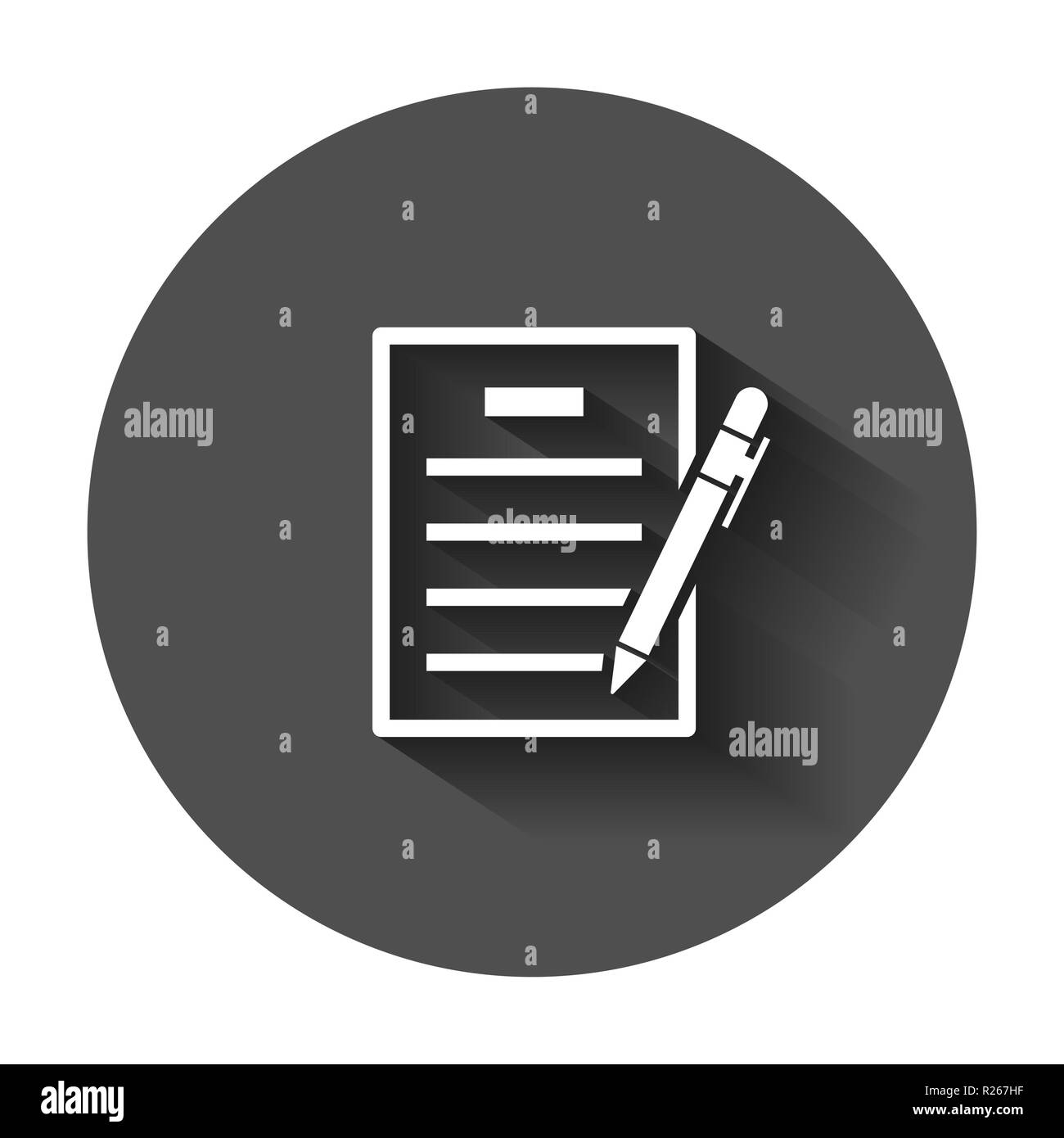 Contratto icona in stile appartamento. Foglio del documento con la penna illustrazione vettoriale con lunga ombra. Disposizione del contratto la concezione di business. Illustrazione Vettoriale