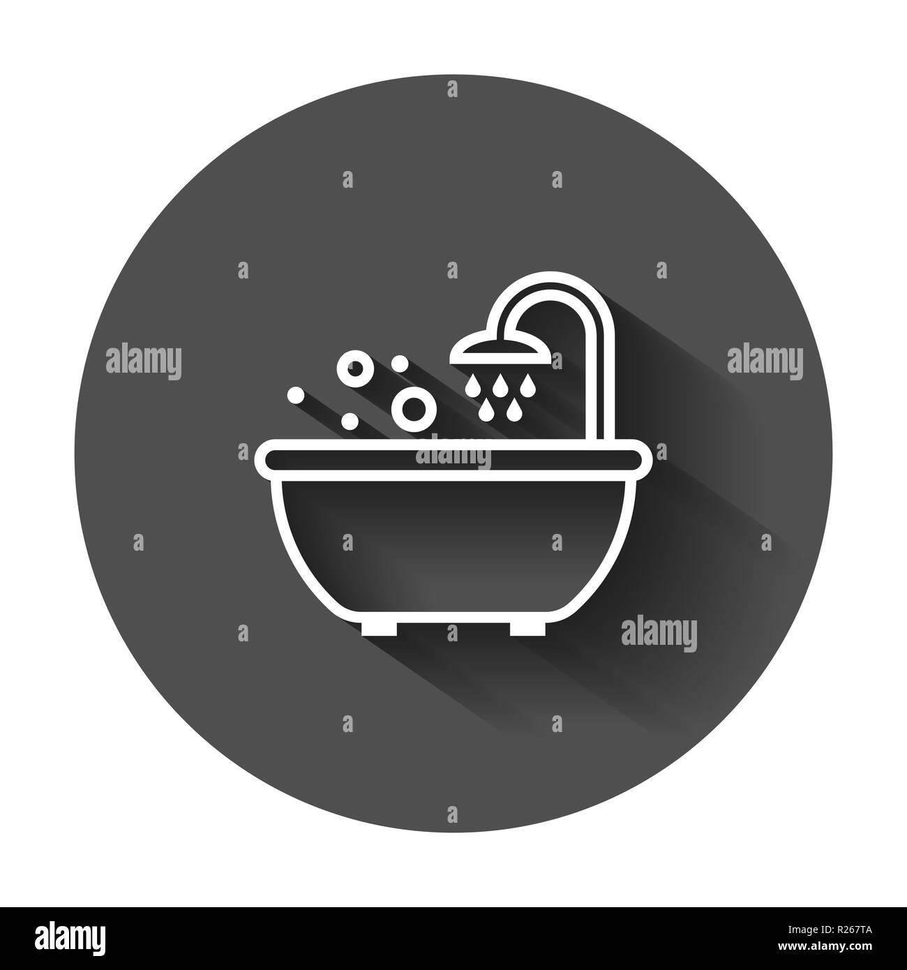 Vasca da bagno doccia icona in stile appartamento. Bagno igiene illustrazione vettoriale con lunga ombra. Bath spa la concezione di business. Illustrazione Vettoriale