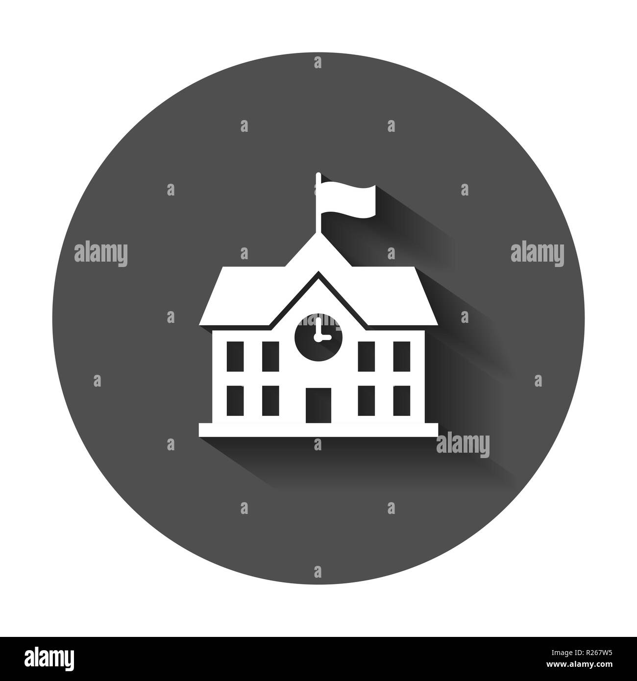 Edificio scolastico icona in stile appartamento. Istruzione universitaria illustrazione vettoriale con lunga ombra. Banca, governo il concetto di business. Illustrazione Vettoriale