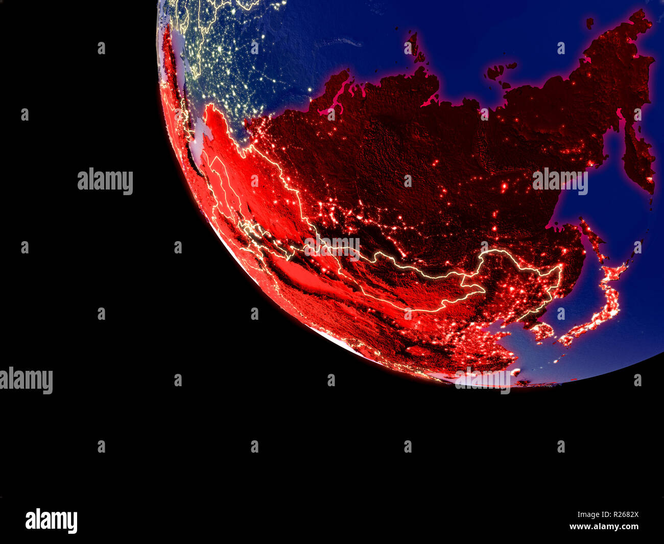 Vista orbita di Asia di notte con luminose luci della citta'. Plastica dettagliato pianeta superficie. 3D'illustrazione. Gli elementi di questa immagine fornita dalla NASA. Foto Stock