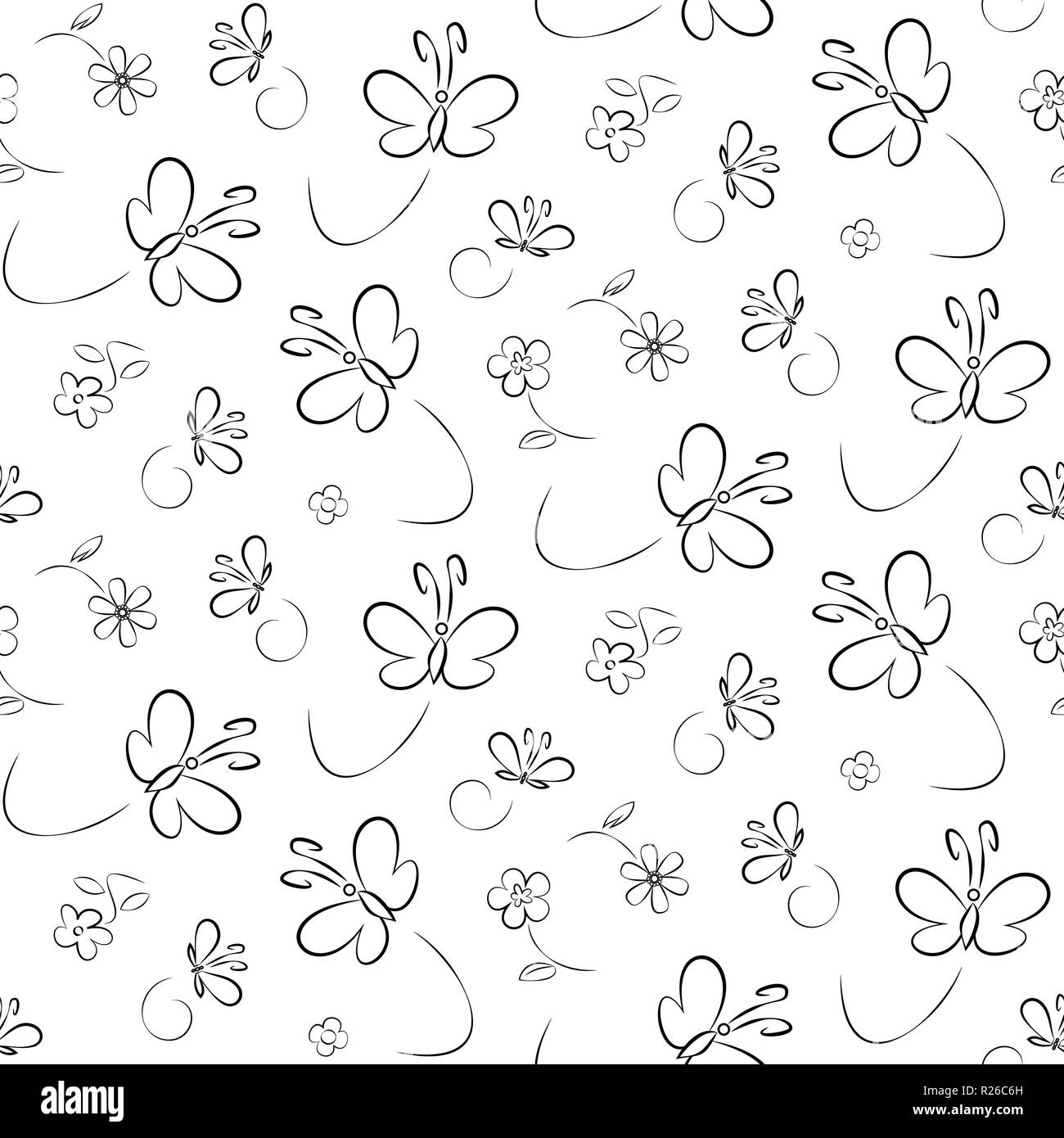 In Bianco E Nero Il Disegno Di Farfalle E Fiori Pattern