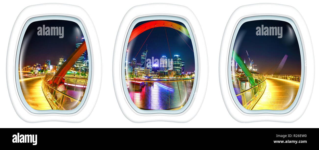 Piano di tre finestre sulla banchina di Elizabeth Bridge di notte a Elizabeth Quay Marina a Perth in Australia, a partire da un piano sull'oblò di windows. Copia dello spazio. Foto Stock